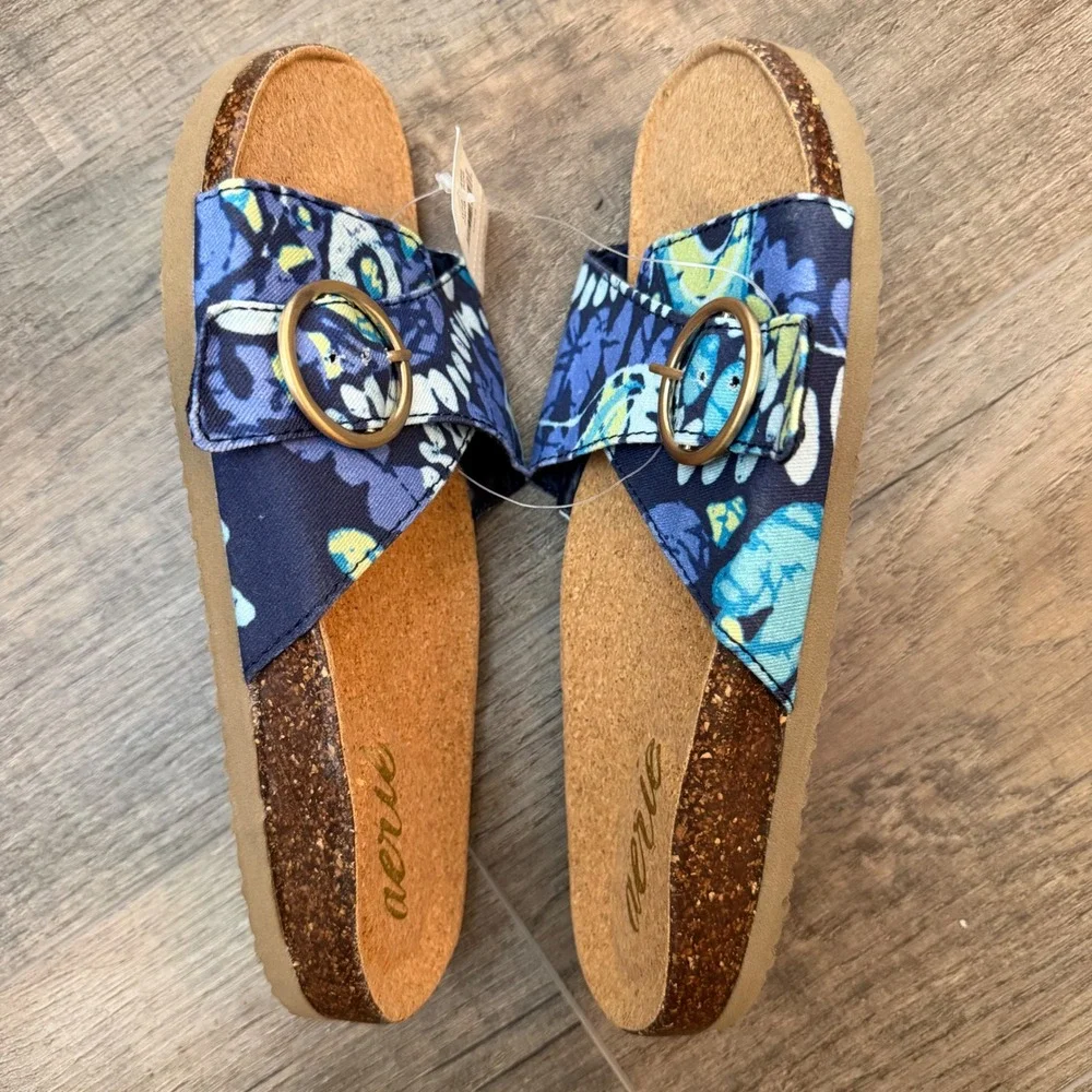 NEW Aerie Womens 6 Floral Buckle Slide Sandals Blue Yellow Cork Beach Coastal